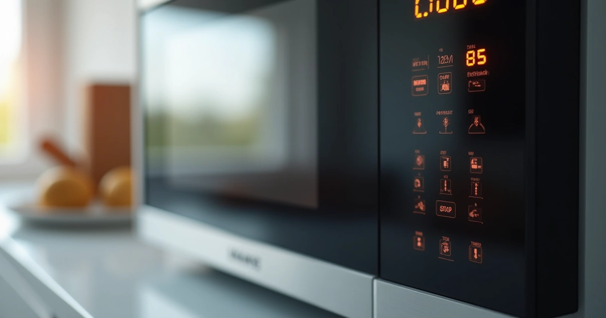 Painel digital de micro-ondas mostrando números e botões 