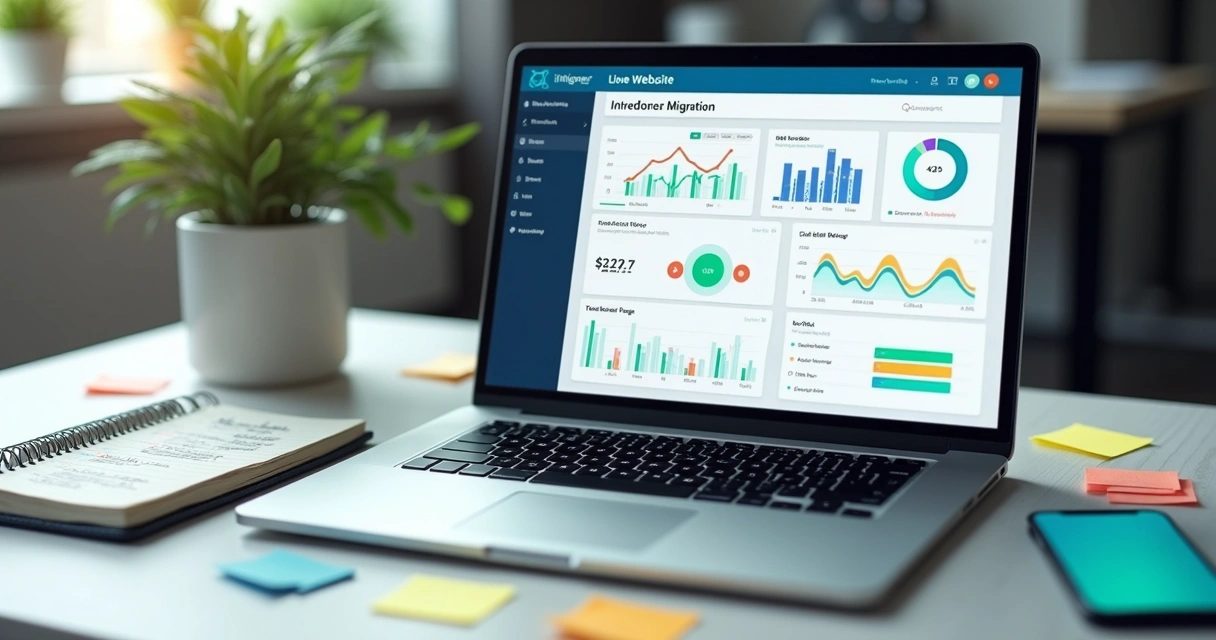 Painel de monitoramento de migração de site em notebook 