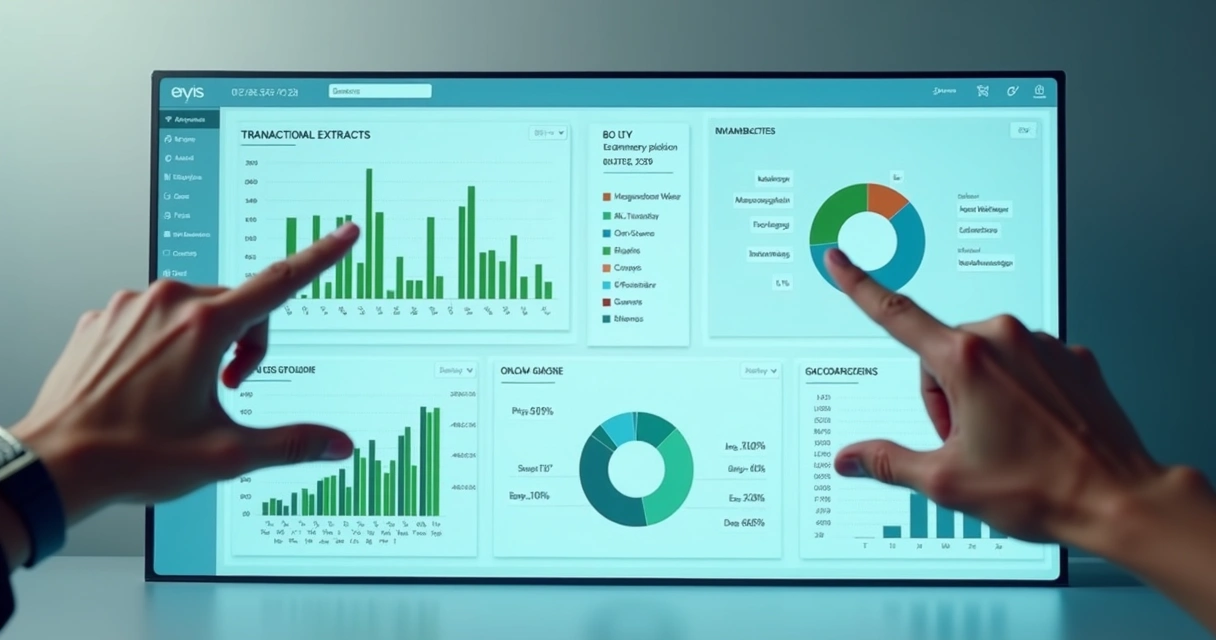 Painel digital exibindo gráficos de extratos e transações financeiras 