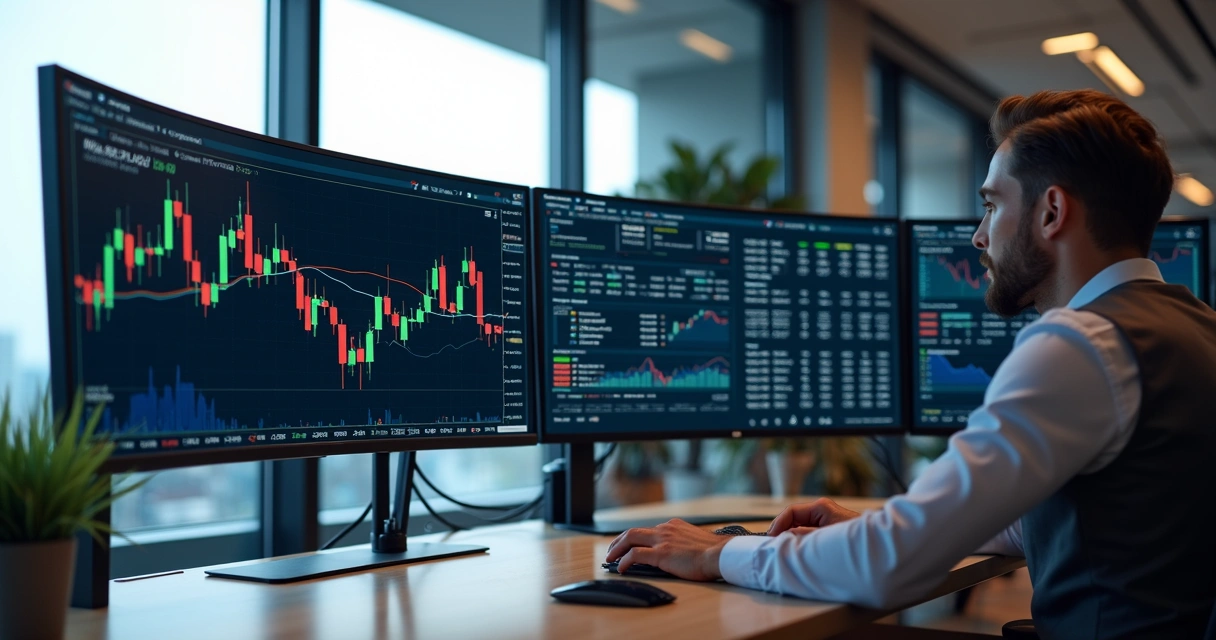 Painel digital mostrando monitoramento de trade de criptomoedas 