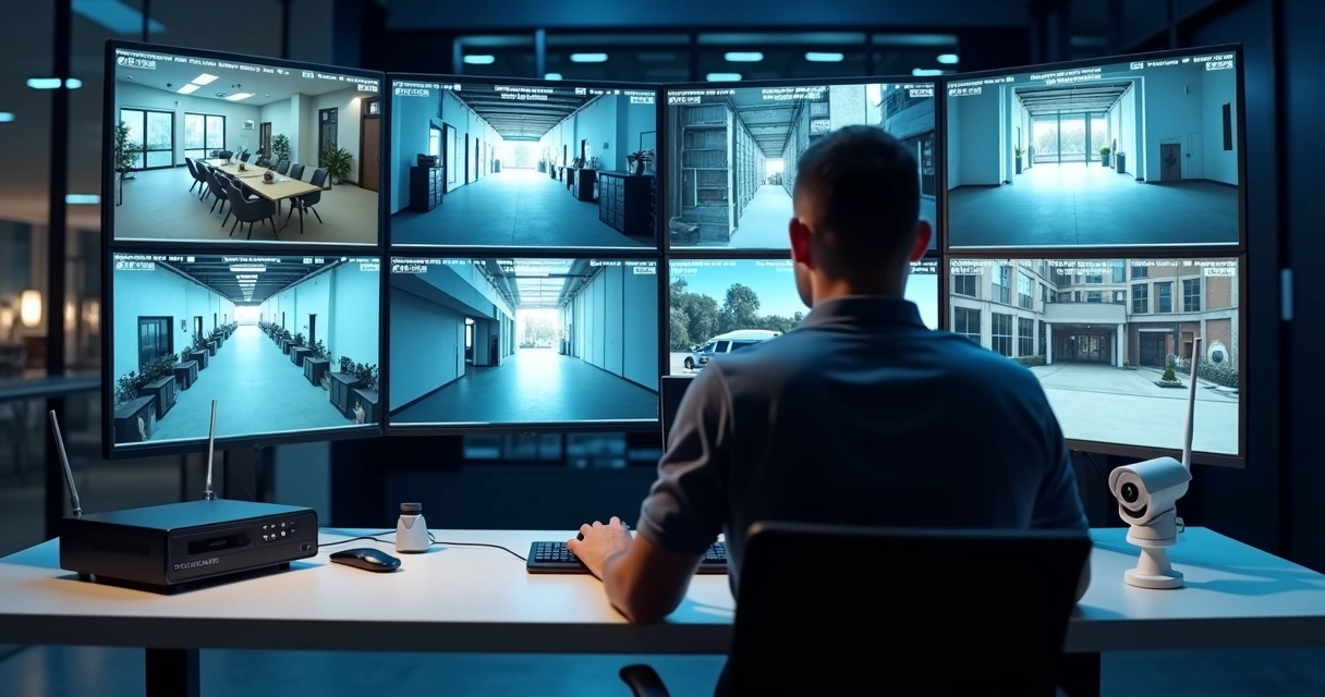 Técnico monitora imagens de câmeras IP WiFi em painel com múltiplos ambientes 