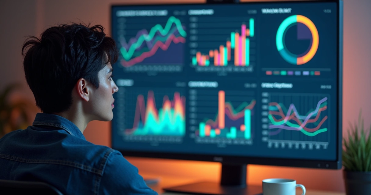 Pessoa analisando painel de métricas em tela grande com gráficos de desempenho 