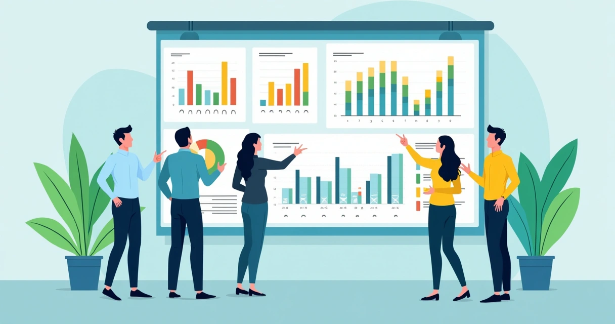 Painel digital com métricas, gráficos de engajamento e membros do sindicato analisando resultados da campanha. 