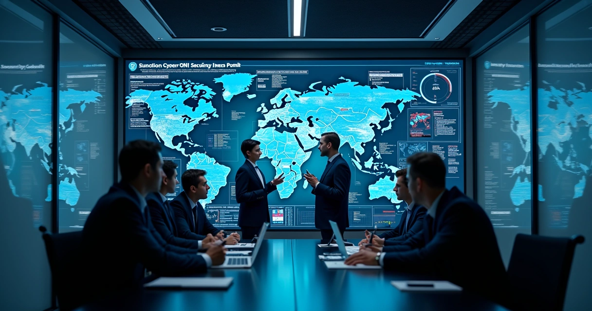 Equipe analisando painel digital de monitoramento de ameaças 