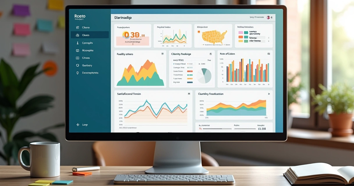 Painel digital exibindo indicadores de relacionamento de cliente 