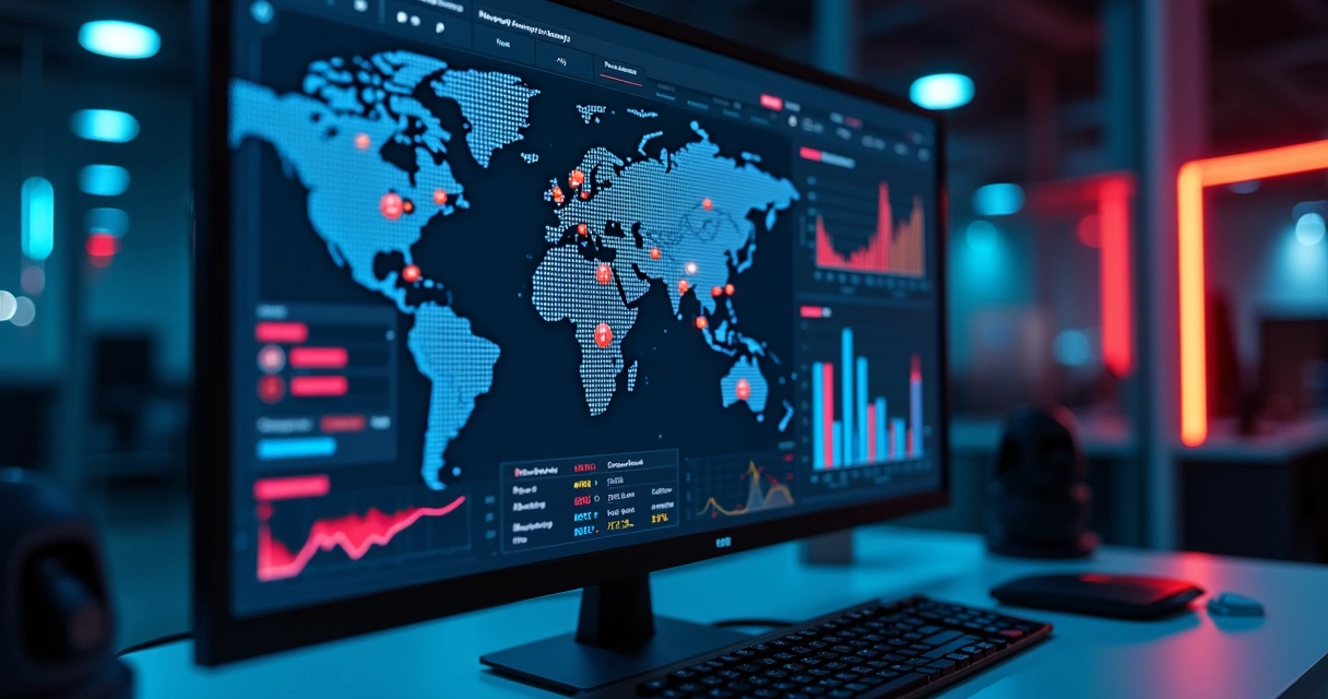 Painel de monitoramento com pico de tráfego e alertas de DDoS 