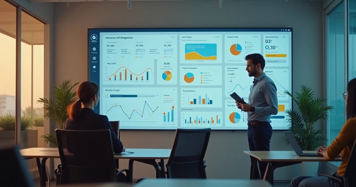 Painel com indicadores de equipe e gestor observando sinais 