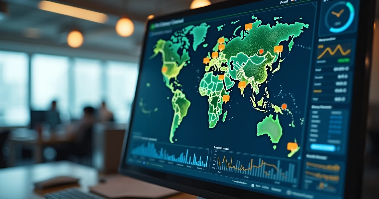 Painel digital mostrando mapa de rotas e localização de veículos 