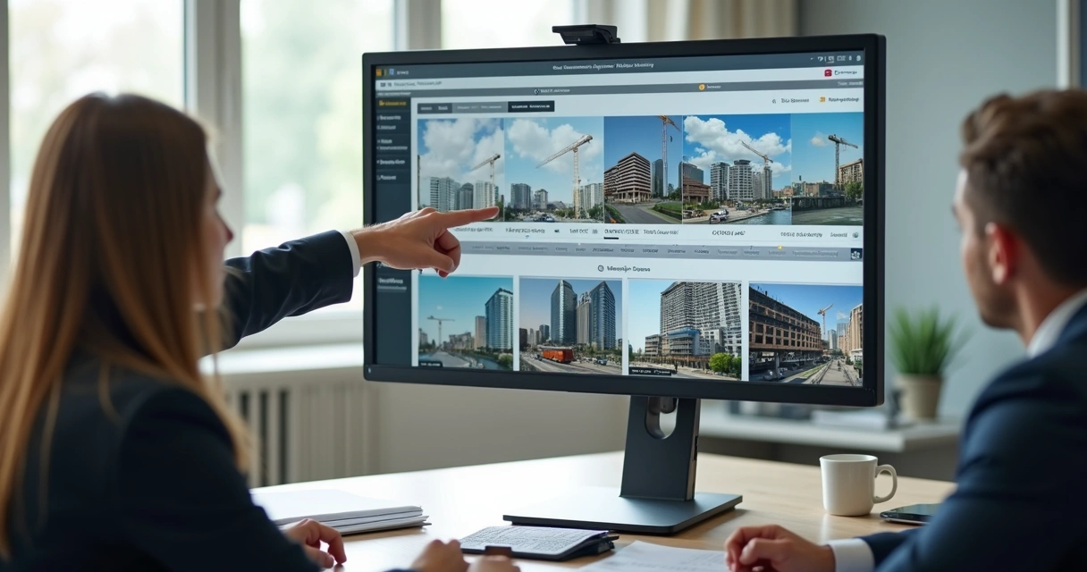 Painel digital com imagens de obra em linha do tempo 