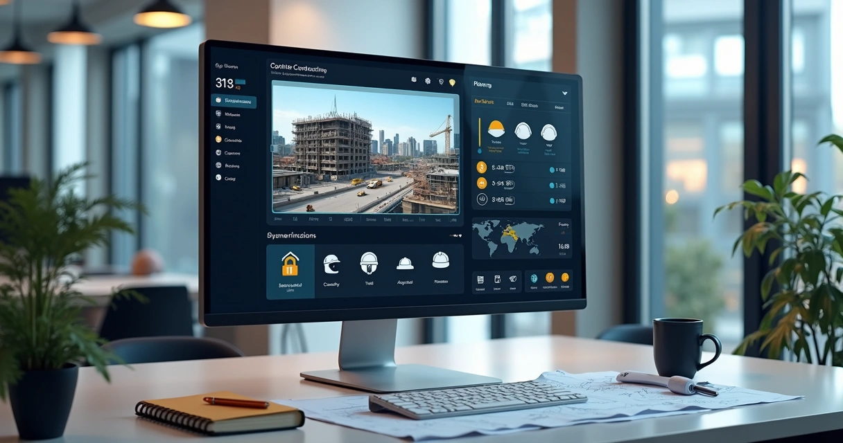 Painel digital com imagens de obra, linha do tempo e alertas visuais 
