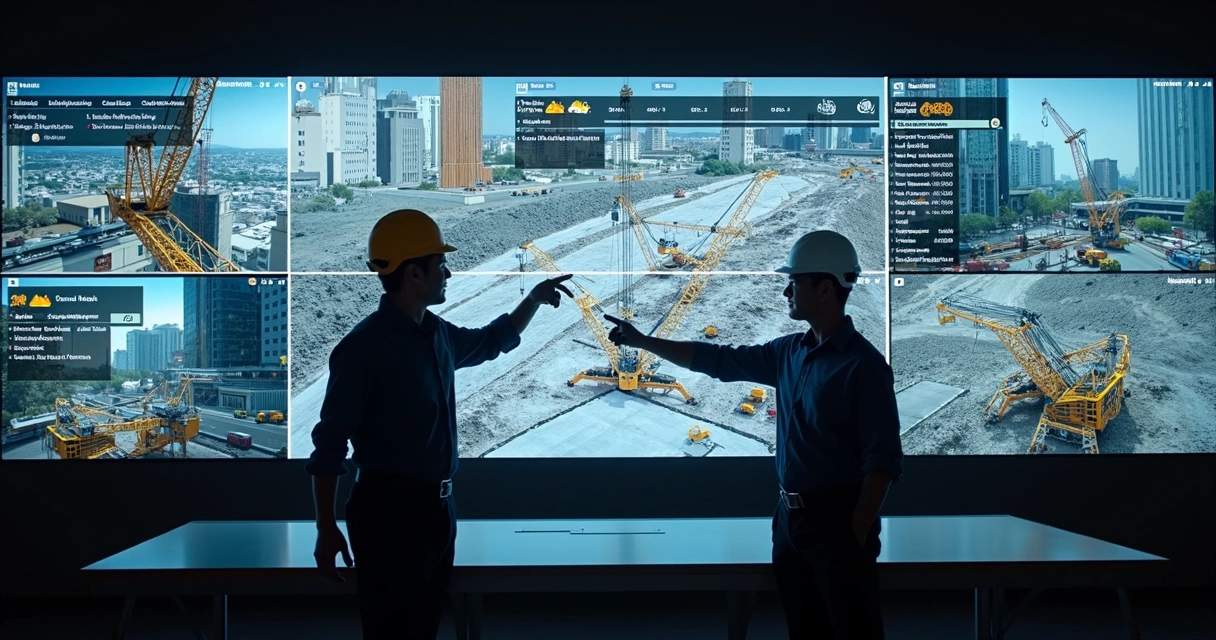 Painel com imagens de obra e alertas de EPI 