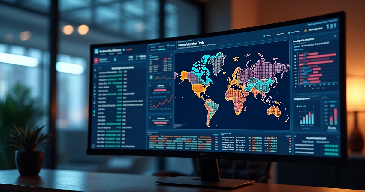 Painel digital de monitoramento de segurança SaaS com gráficos de ameaças cibernéticas. 