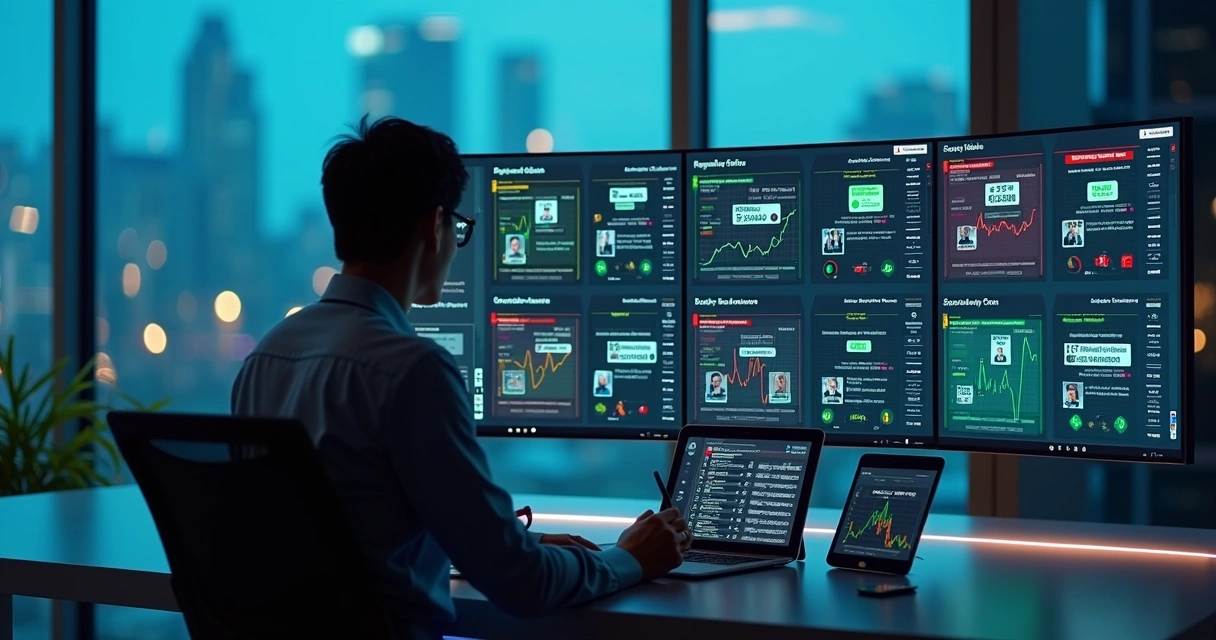 Gestor analisando painel de monitoramento de revendedores em tela gigante 