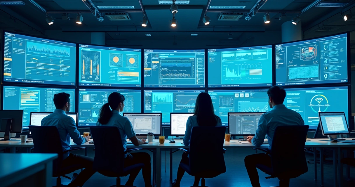 Painel com gráficos de monitoramento de TI em tela grande 