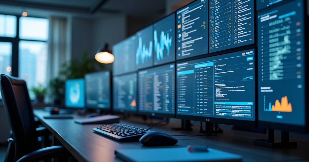 Painel de monitoramento de TI em escritório corporativo 