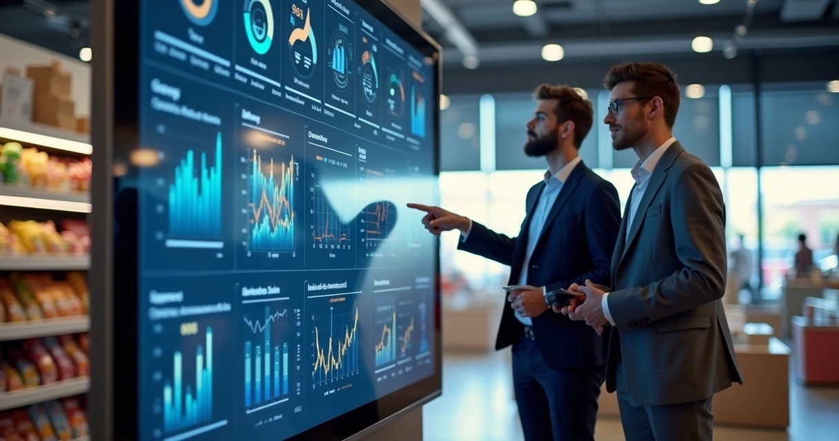 Dashboard de BI com gráficos de estoque e vendas em tela grande numa loja 