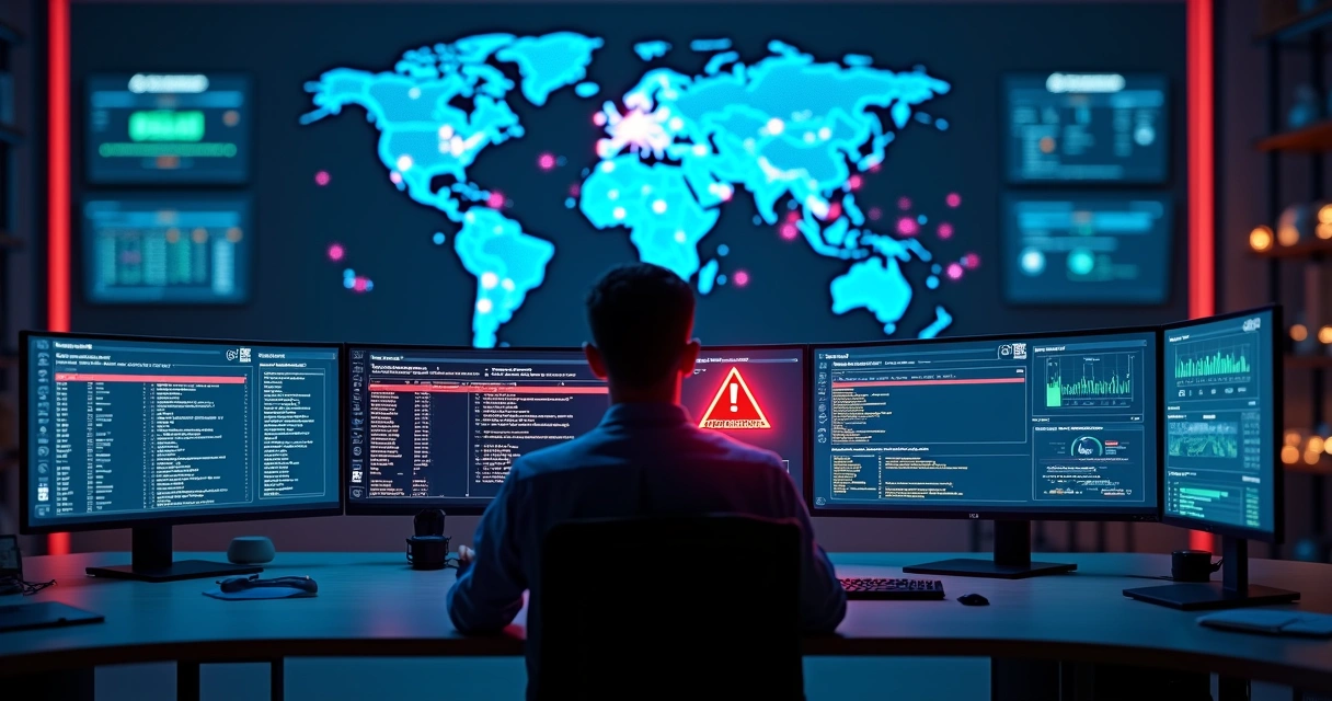 Painel com monitores exibindo alerta vermelho de chave API exposta 
