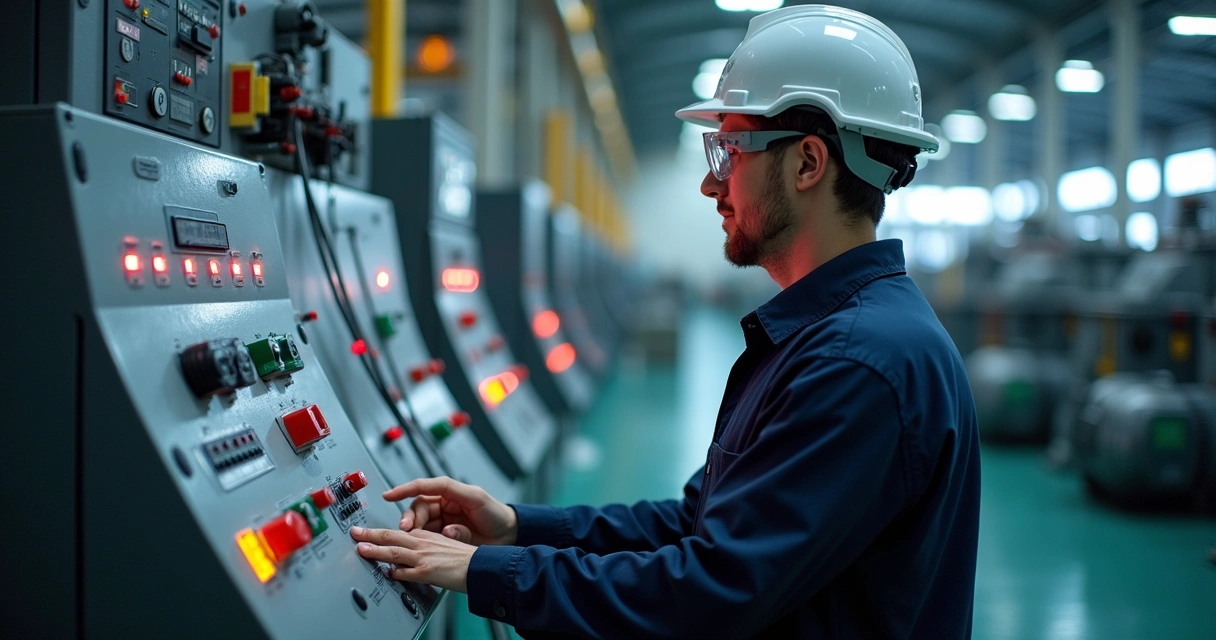 Operador manuseando painel elétrico de motor industrial 