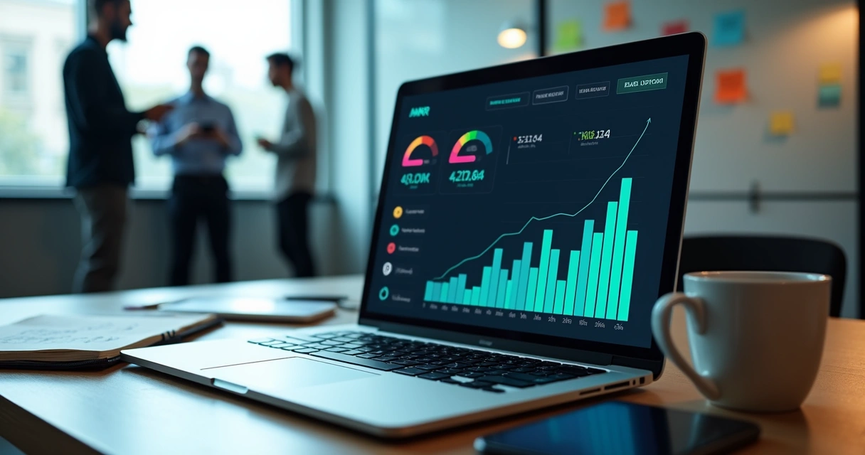 Painel com gráficos de MRR e ARR em tela de notebook sobre mesa de escritório moderna 