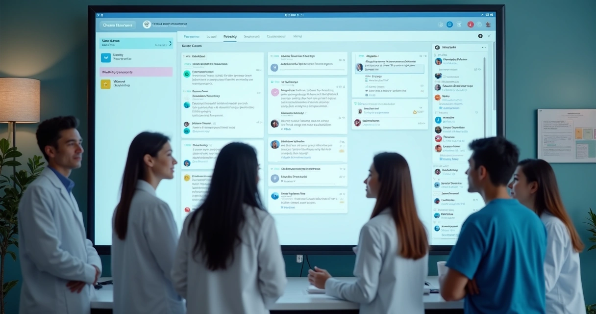 Painel de atendimento multicanal com equipe de clínica 