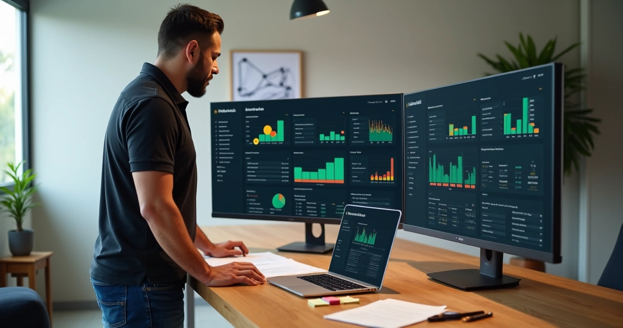 Dono de pequena empresa analisa painel com resultados de vários canais de vendas 