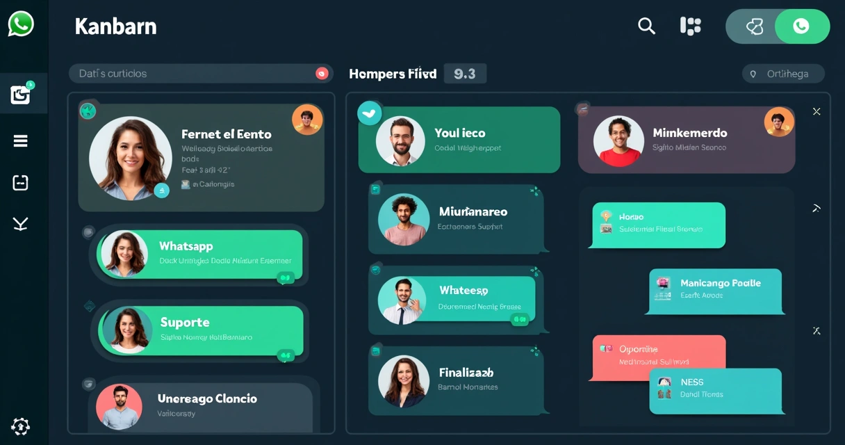 Painel kanban digital com múltiplos atendentes de WhatsApp distribuindo conversas 
