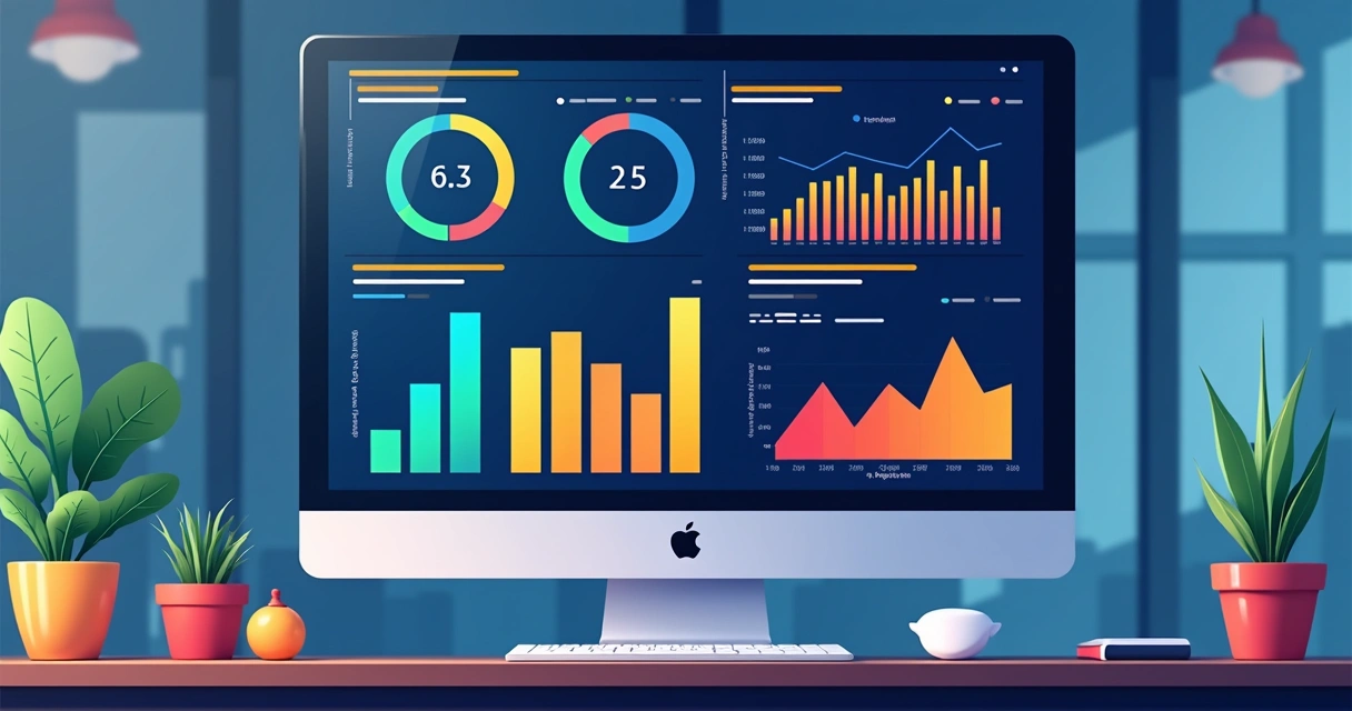 Painel digital com diversos indicadores coloridos e gráficos