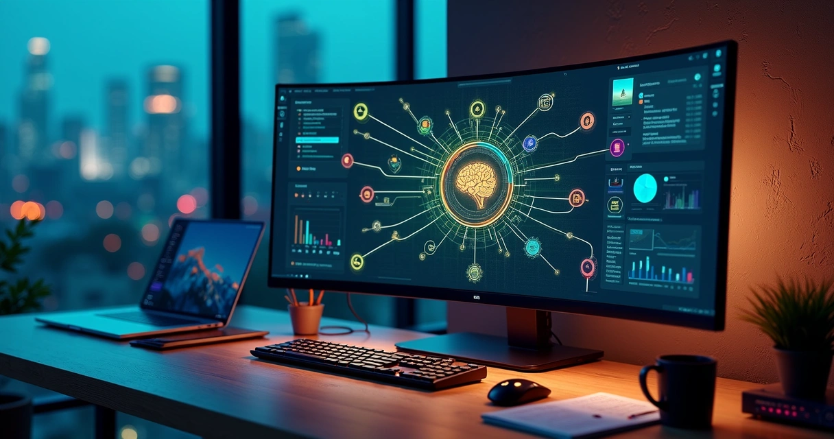 Painel visual do n8n com fluxos de automação conectando ícones de IA em um escritório moderno 