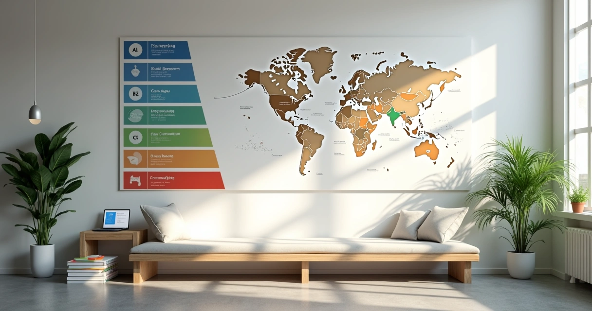 Parede com gráfico dos níveis CEFR ao lado de mapa-múndi em sala de estudos moderna. 
