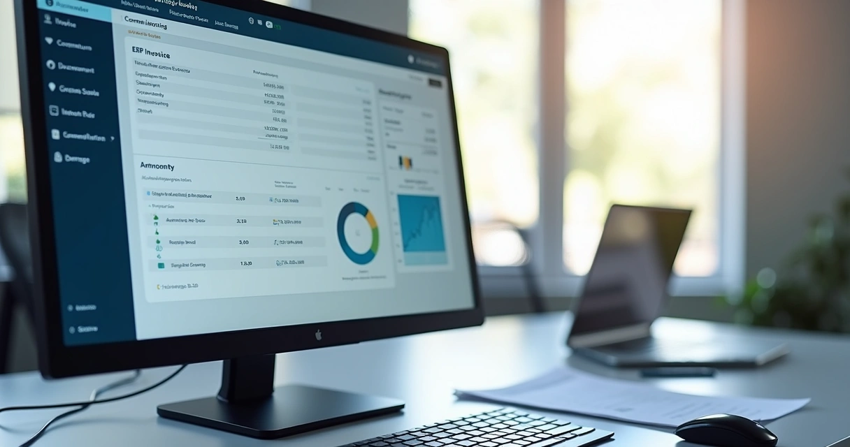 Painel de ERP com nota fiscal e gráficos