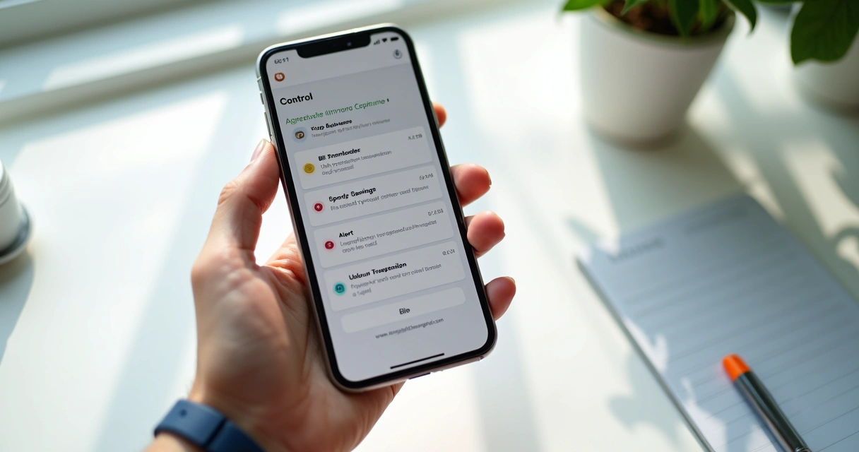 Painel de notificações de gastos em app financeiro em tela de celular moderna 
