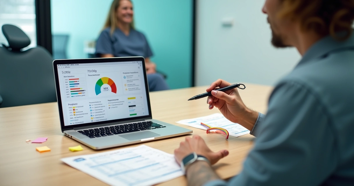 Gestor analisando painel colorido de NPS para clínica odontológica em notebook 