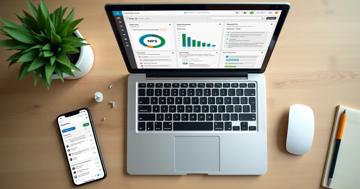 Notebook com painel de NPS e celular com resumo no WhatsApp