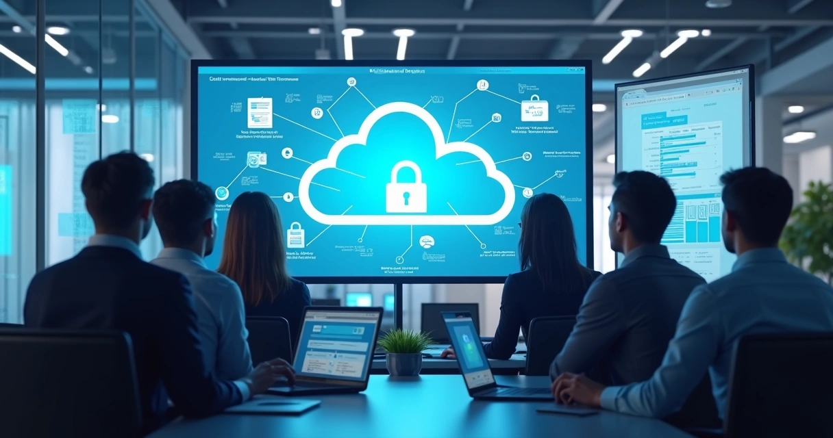 Painel de nuvem com equipe de PME em escritório 
