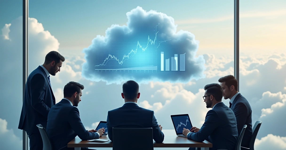 Gestores acessando painel financeiro na nuvem por tablet 