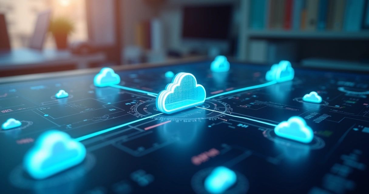 Painel digital com fluxos de dados interligando nuvens e aplicativos