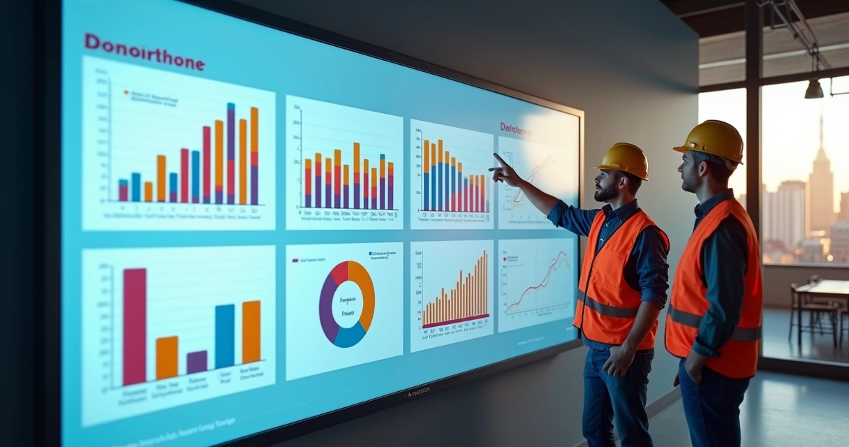 Painel de andamento de obra com gráficos coloridos e marcadores de progresso destacados