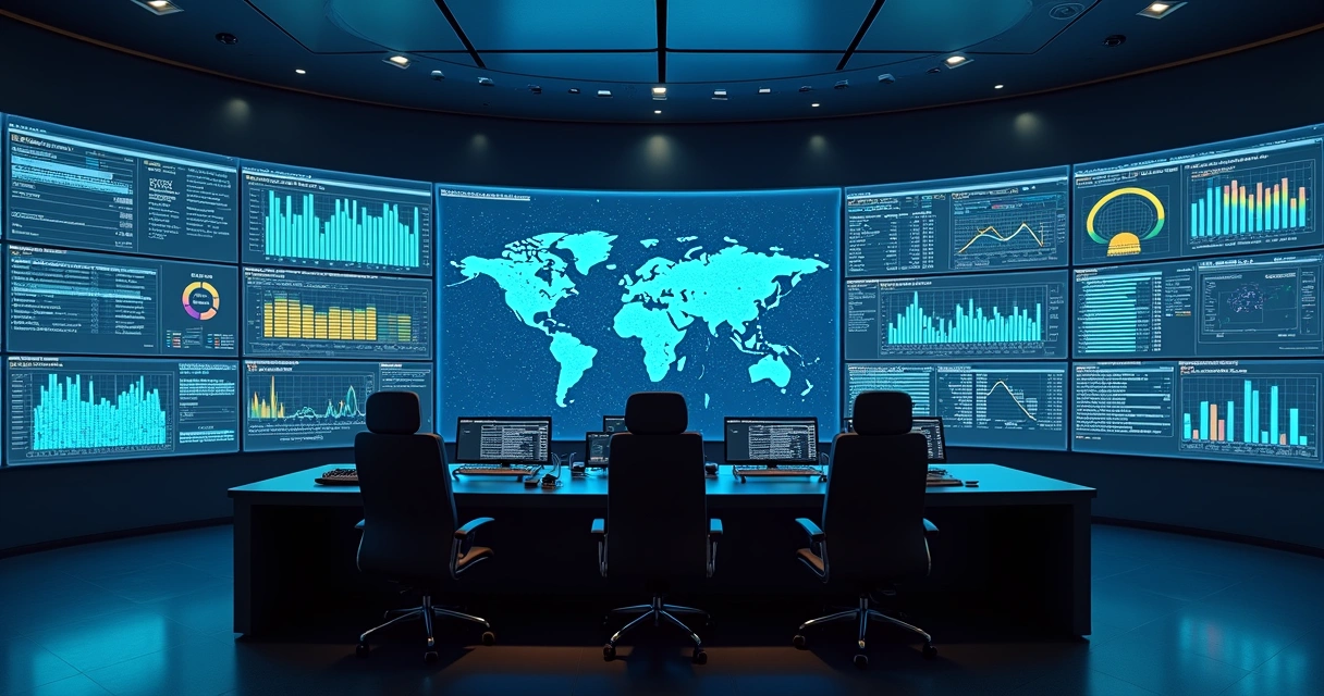 Sala de controle moderna com grande painel de observabilidade de sistemas cheio de gráficos em tempo real 