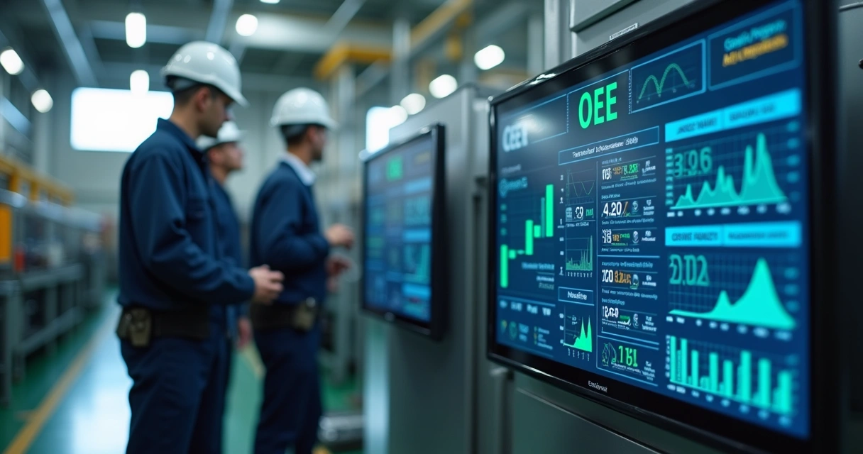 Painel digital mostrando OEE e indicadores de máquinas industriais 