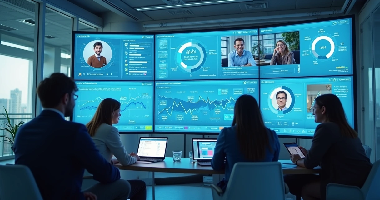 Painel digital exibindo OKRs supervisionados por IA, com destaque para indicadores e sugestões inteligentes. 