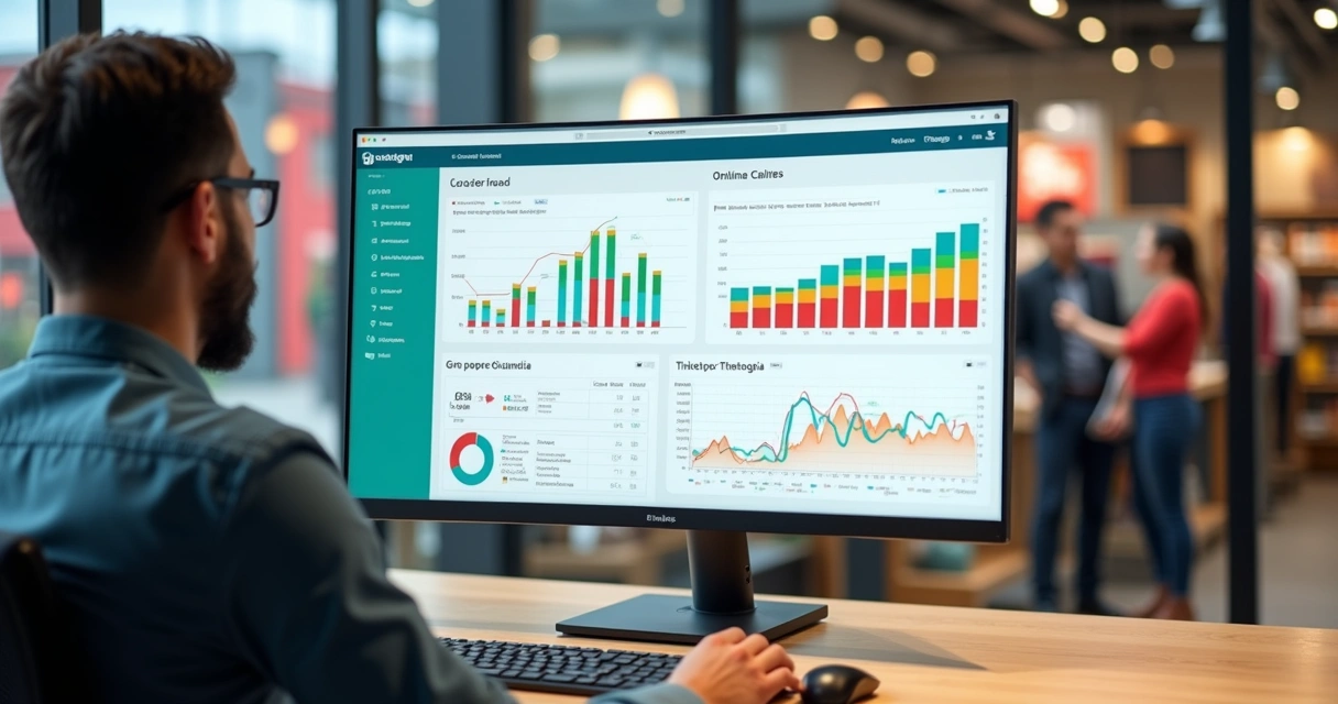 Gestor analisando painel de OKR com dados de loja física e e-commerce lado a lado 