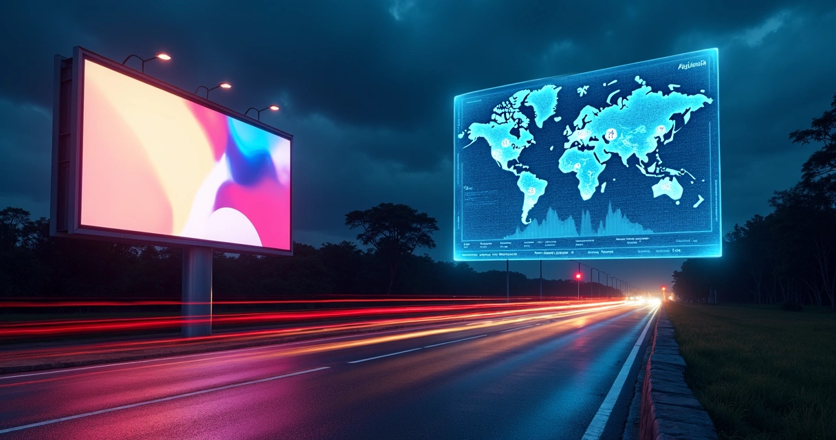 Painel de mídia OOH digital à noite com mapa e gráficos de dados na frente 