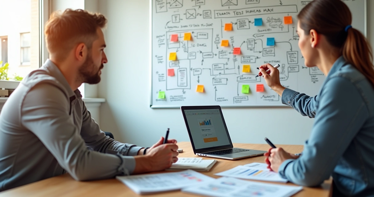 Quadro branco de agência com fluxos de processos e tarefas conectadas 