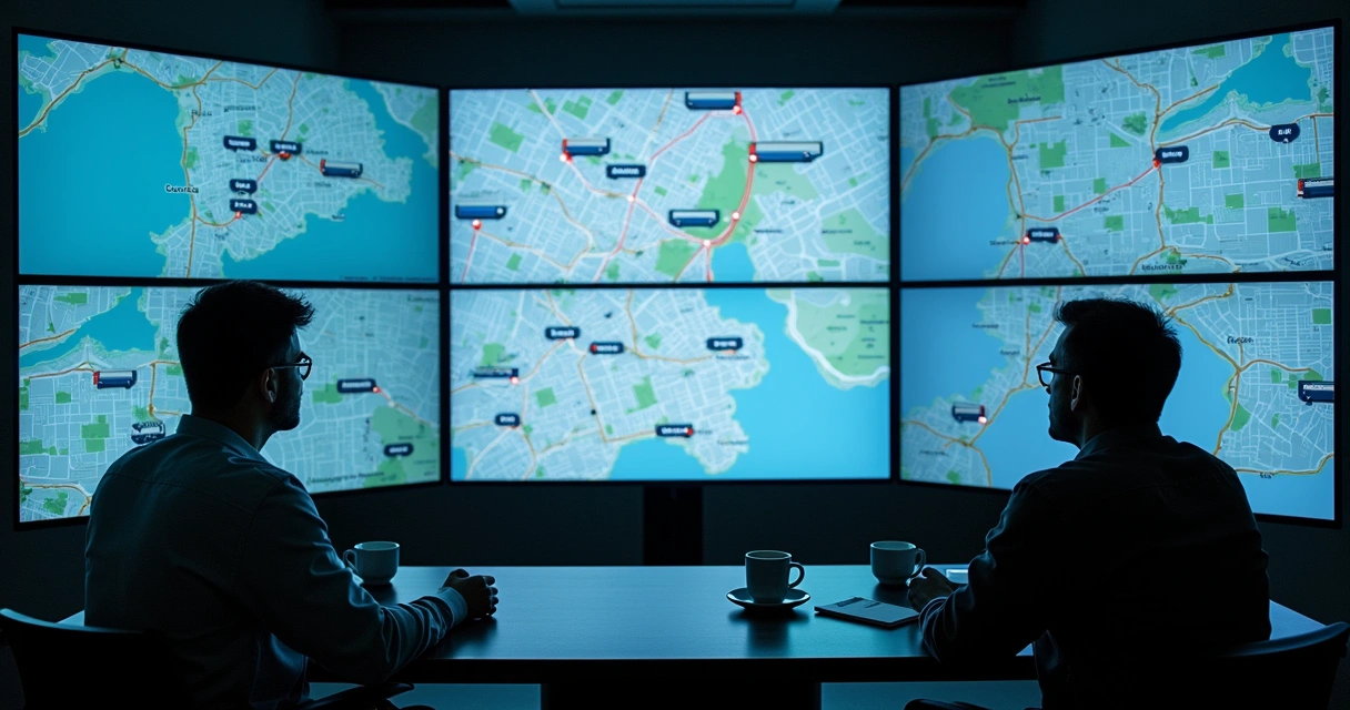 Painel de monitoramento de transporte corporativo em operação 