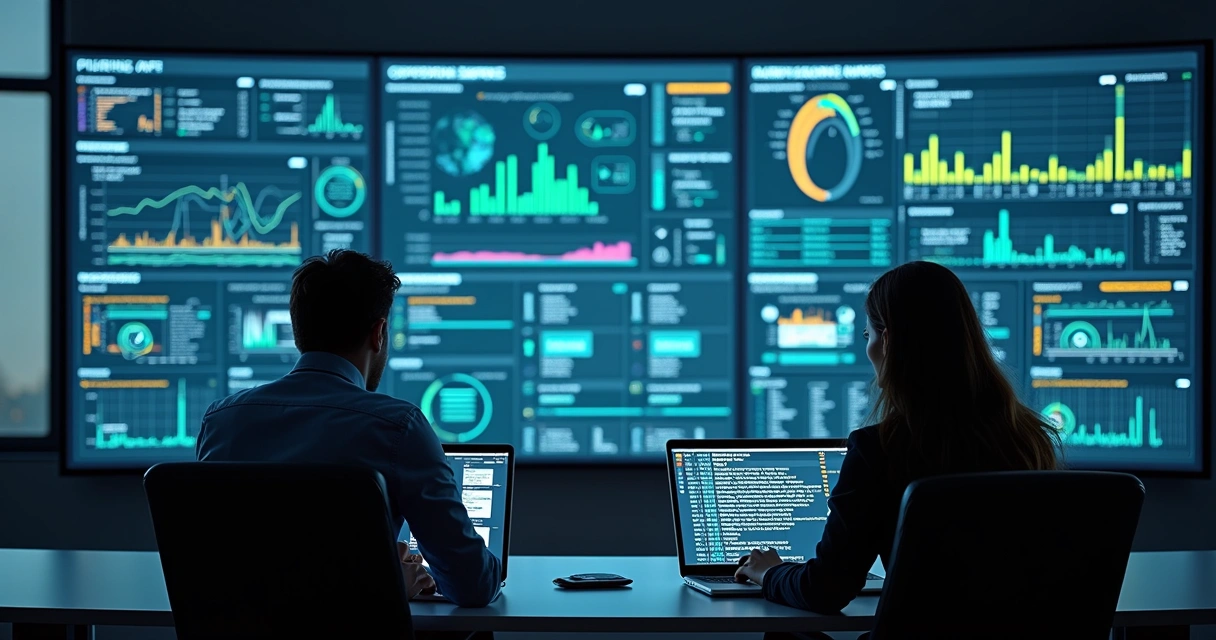 Painel de operações com métricas de API e fluxos de dados 
