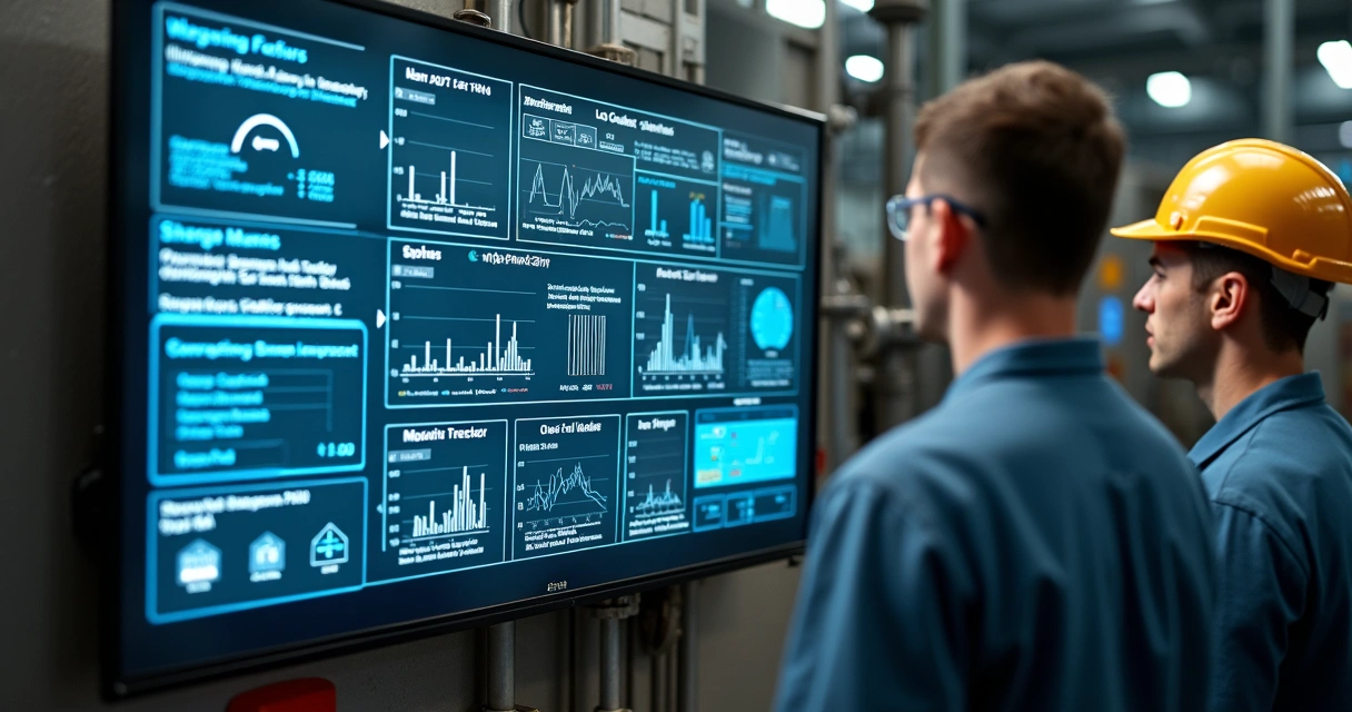 Painel digital mostrando várias ordens de serviço acumuladas e não executadas, diante de operadores industriais atentos a indicadores