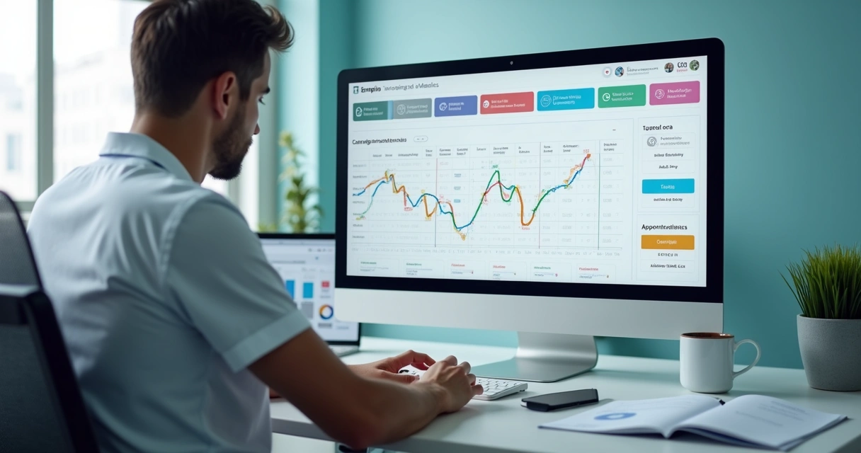 Painel com métricas de origem de leads e conversão em clínica