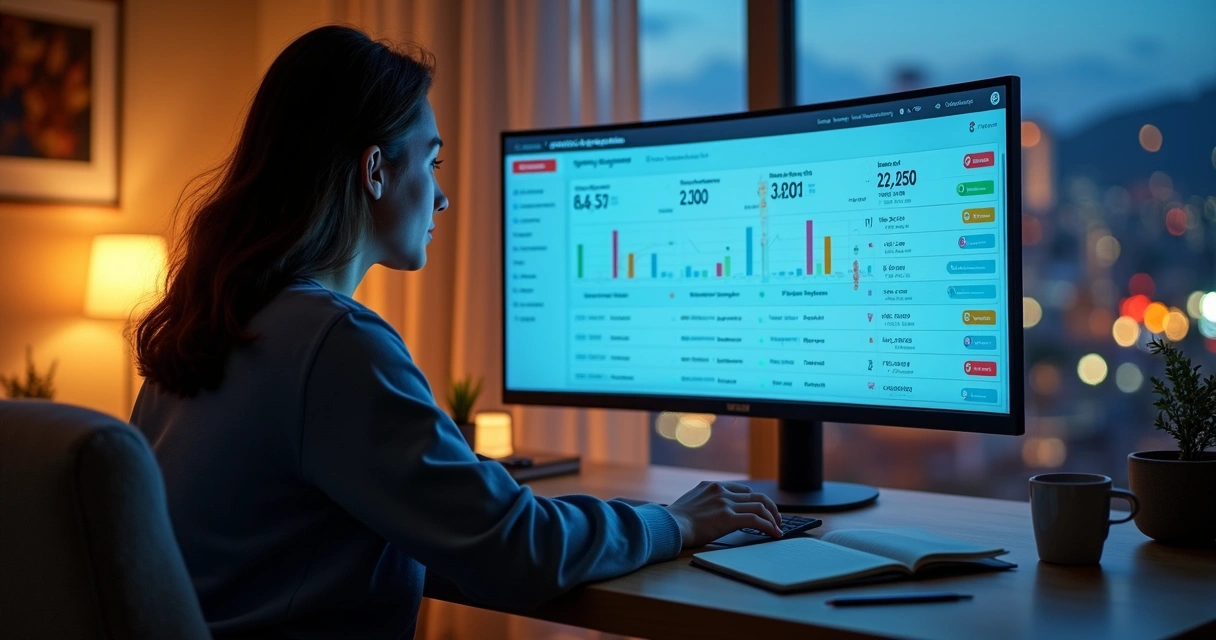 Pessoa revendo painel digital com pagamentos recorrentes organizados 