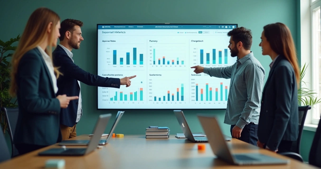 Equipe observa painel de pagamentos com marca própria