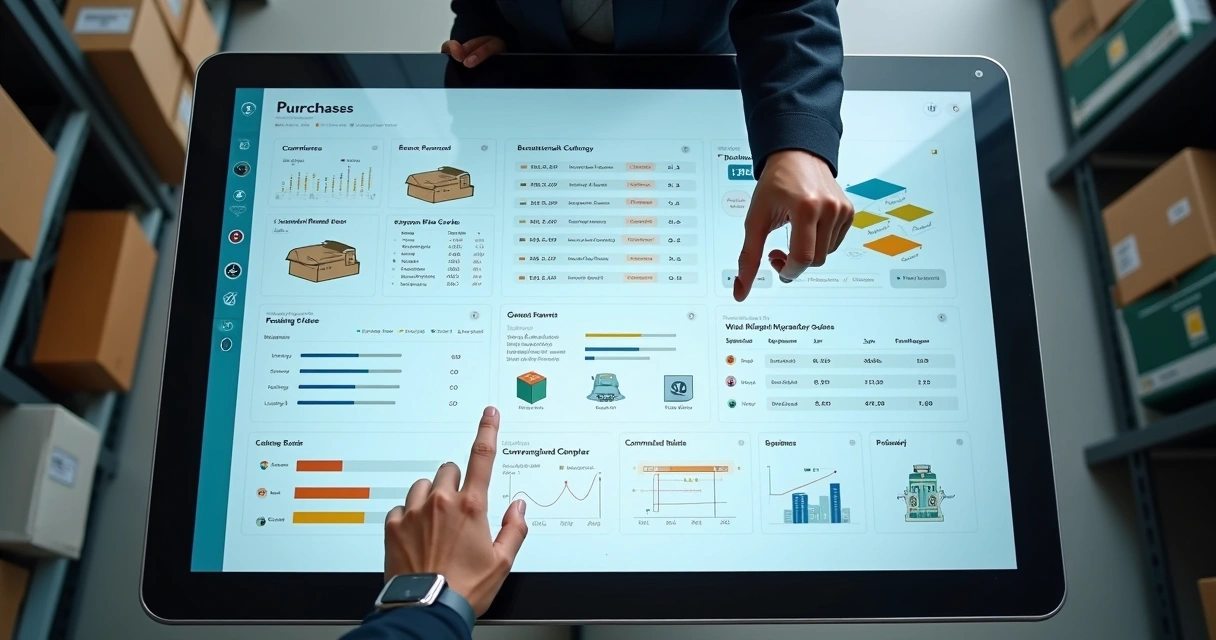Painel digital exibindo compras consolidadas de várias lojas